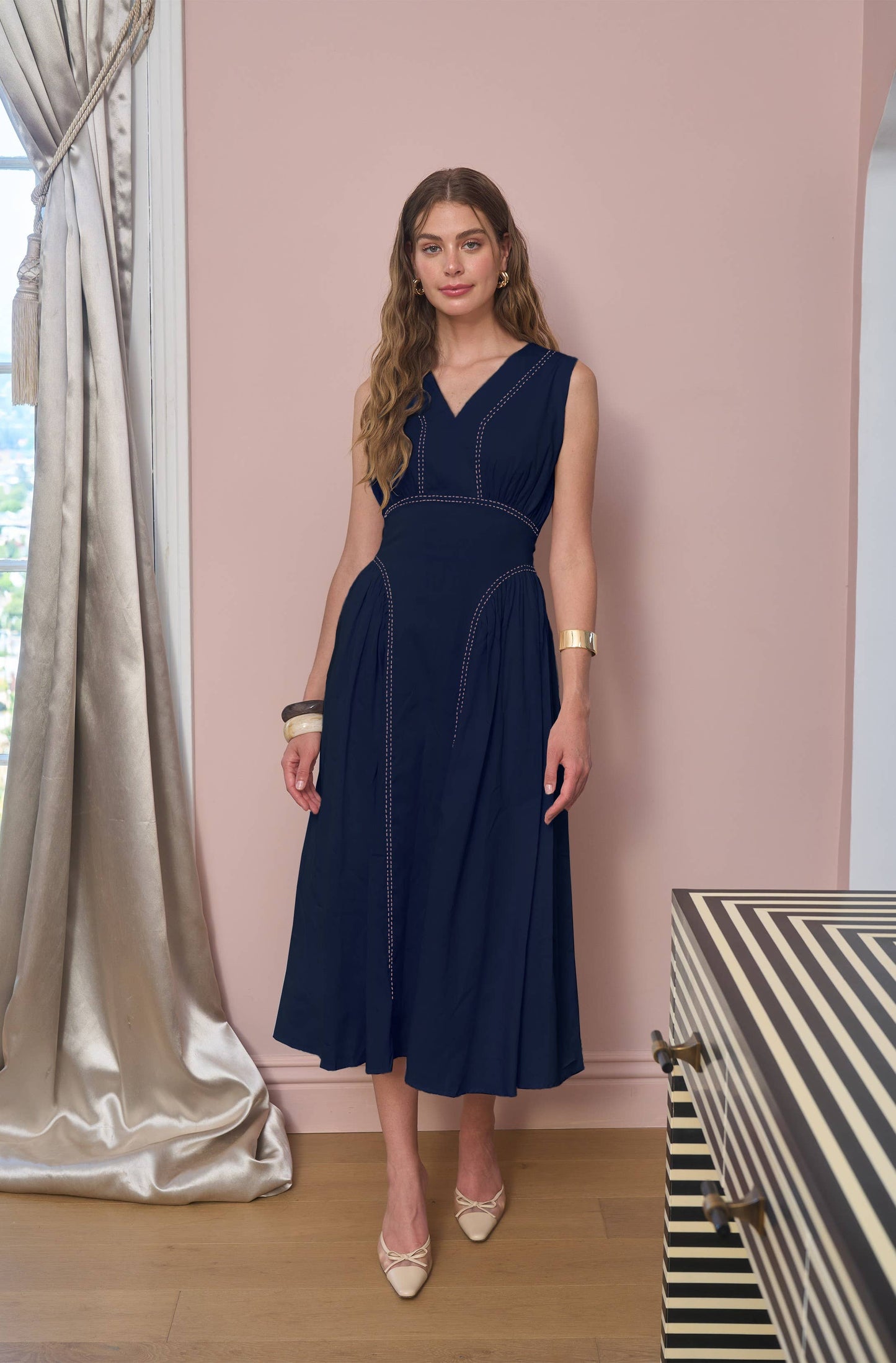 TIE BACK CONTRAST STITCH MIDI DRESS: DARK NAVY
