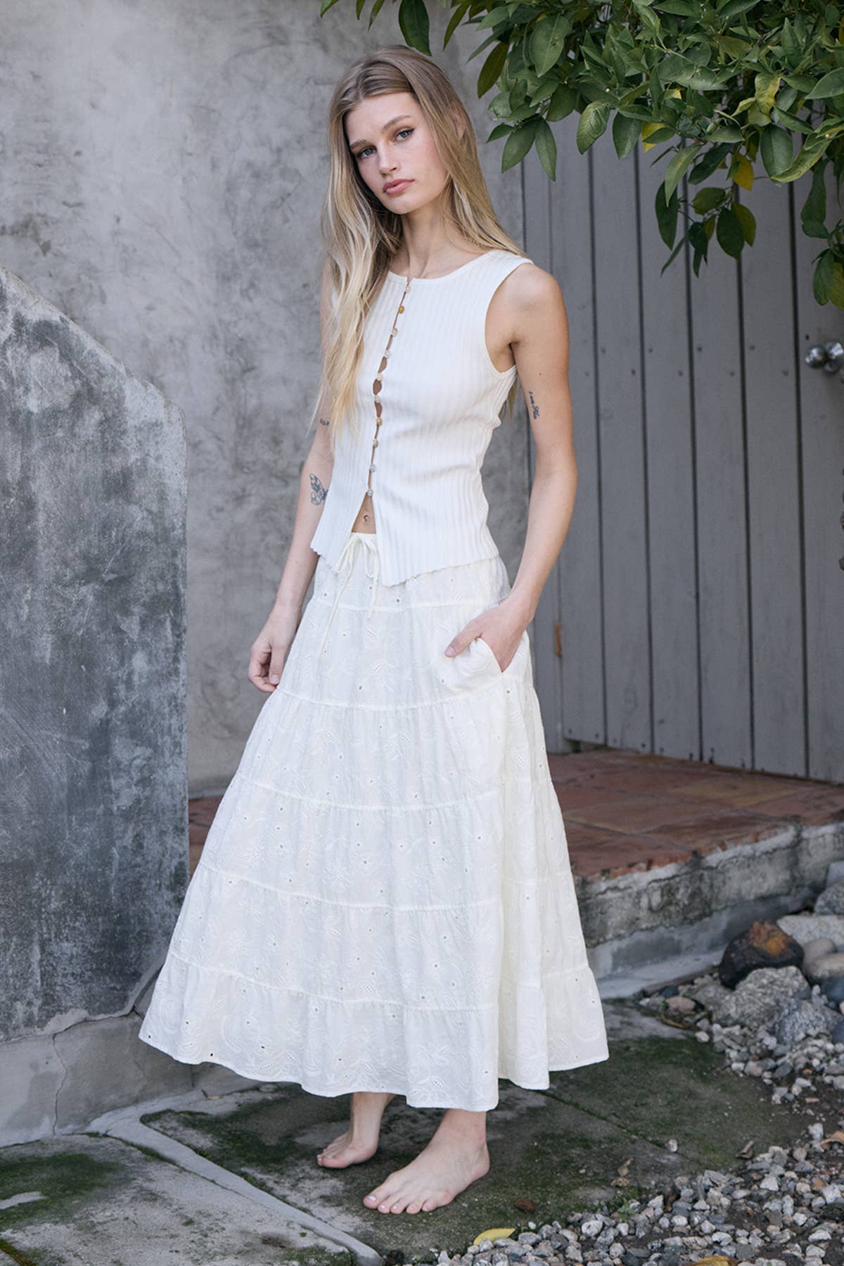Tiered Eyelet Cotton Maxi Skirt - IVORY