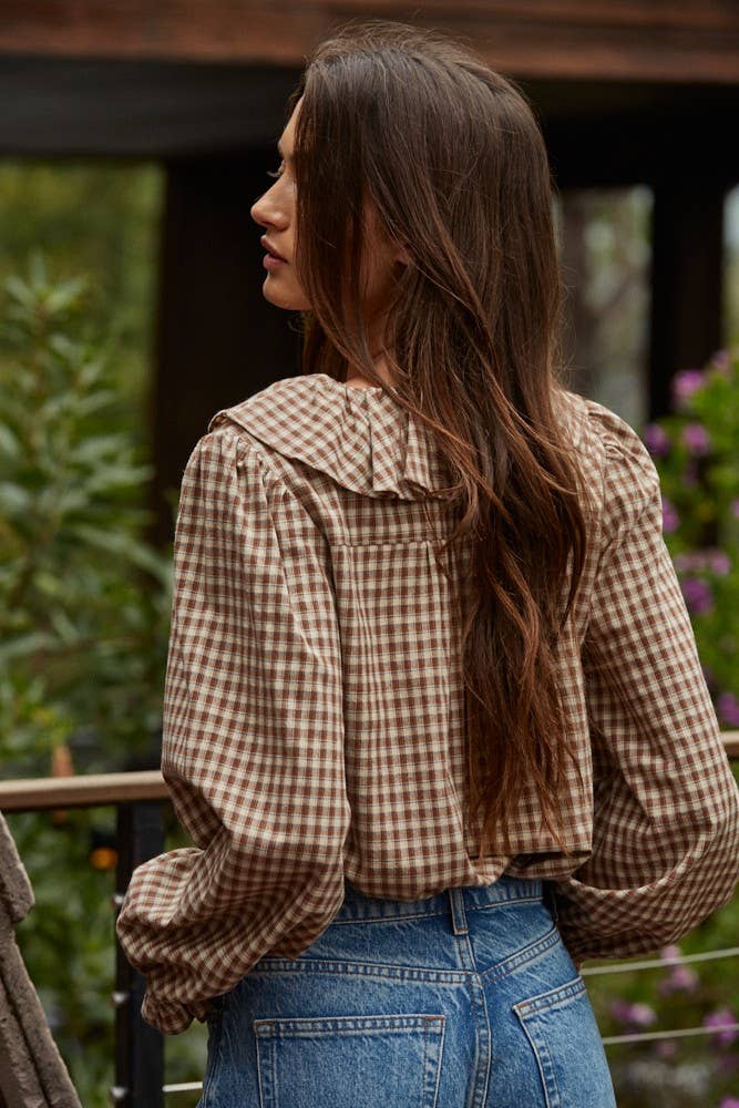 Woven Cotton Gingham Ruffled Blouse in Brown