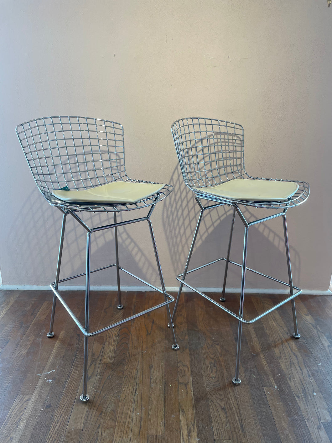 Vintage Authentic Harry Bertoia For Knoll Chrome Barstools w/ Original Leather Seat Pads (2)