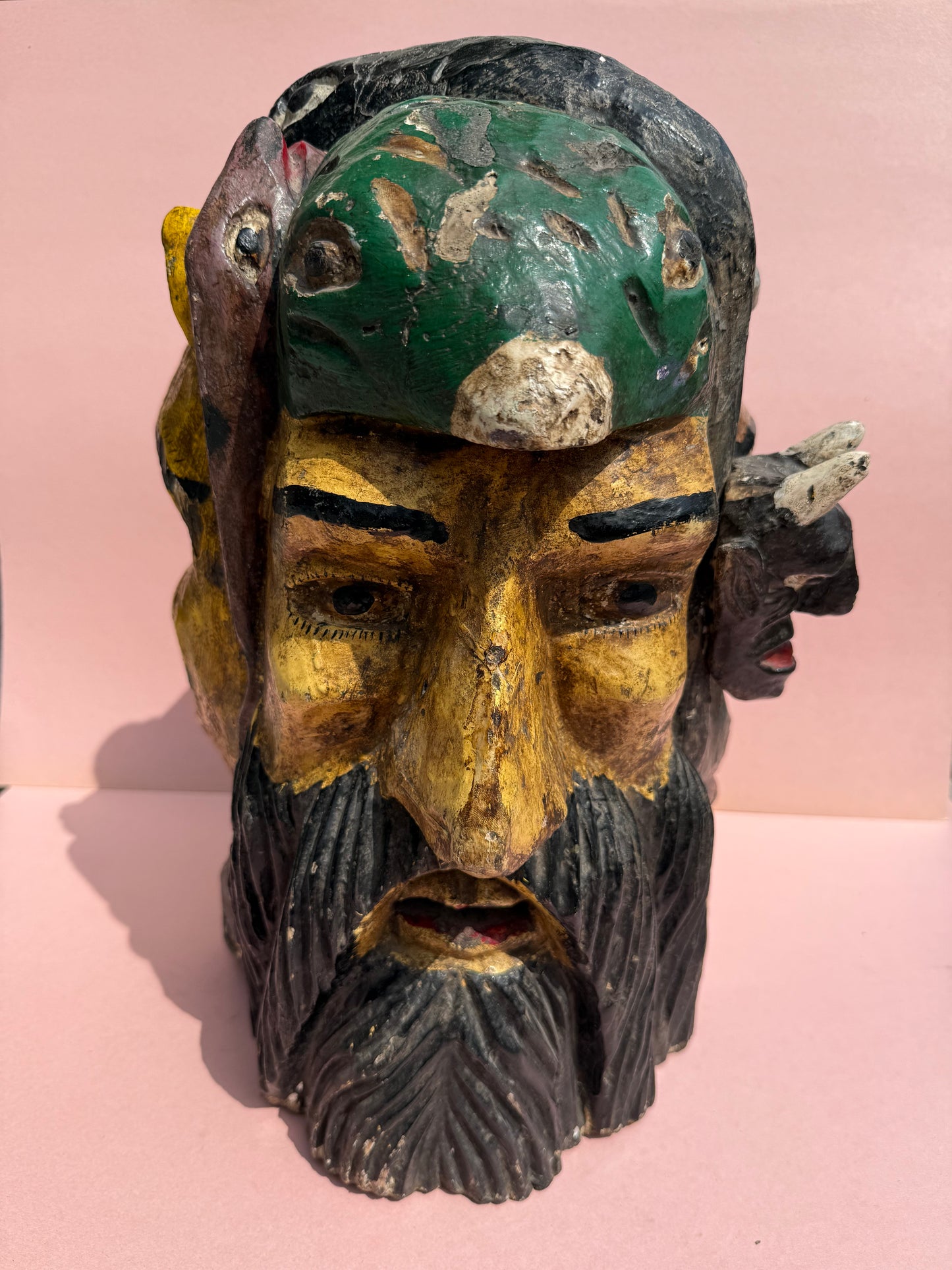 Vintage Four-Faced Carved Wooden Helmet Mask (#19)