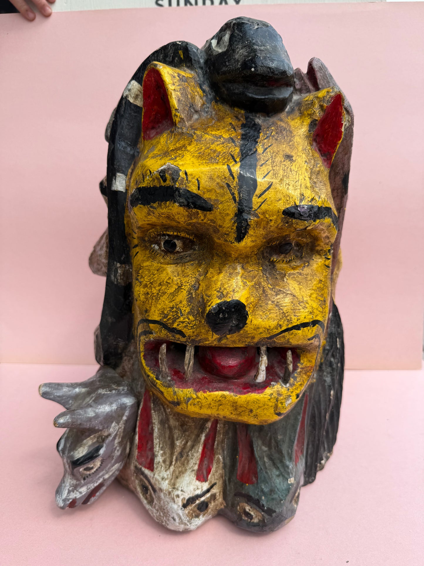 Vintage Four-Faced Carved Wooden Helmet Mask (#19)