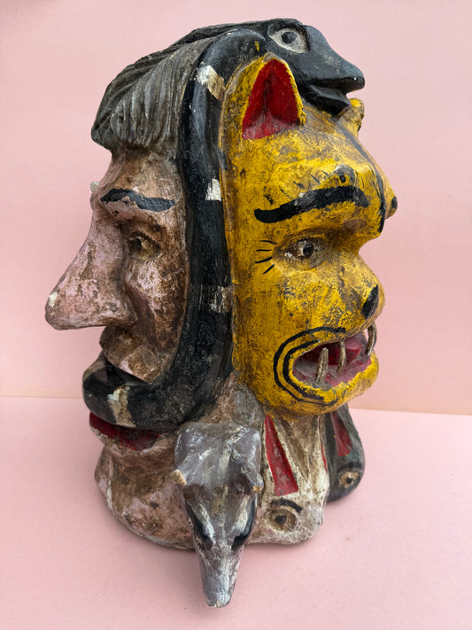 Vintage Four-Faced Carved Wooden Helmet Mask (#19)