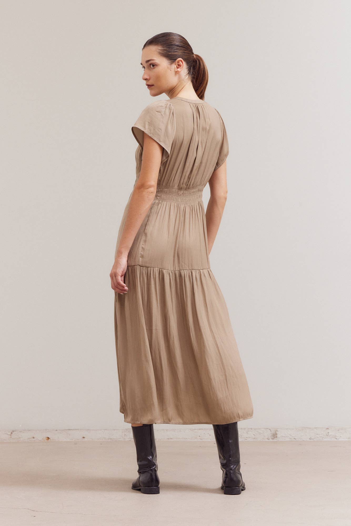 Ruffle Satin Midi Dress in Taupe Silk