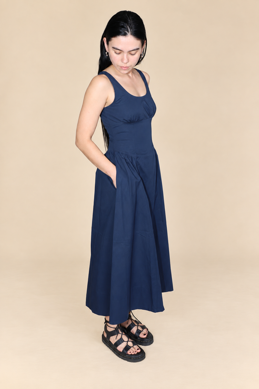 Gathered Waist Midi Dress - NAVY