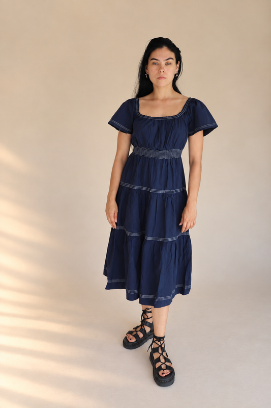 Smocked Waist Tiered Midi Dress in navy