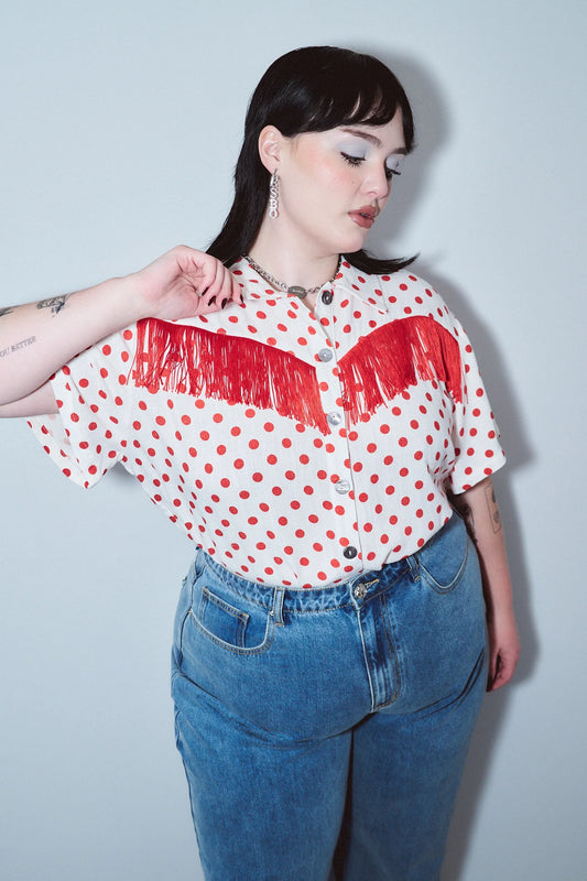 Fashion Brand Company Soft Linen Fringe Blouse Red Polka Dot