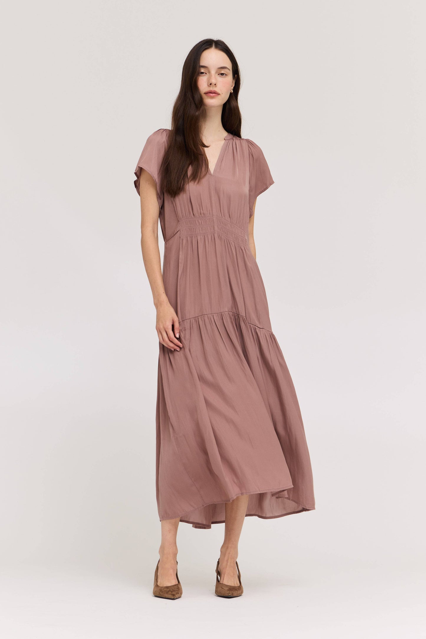RUFFLE SATIN MIDI DRESS: DUSTY LILAC LARGE