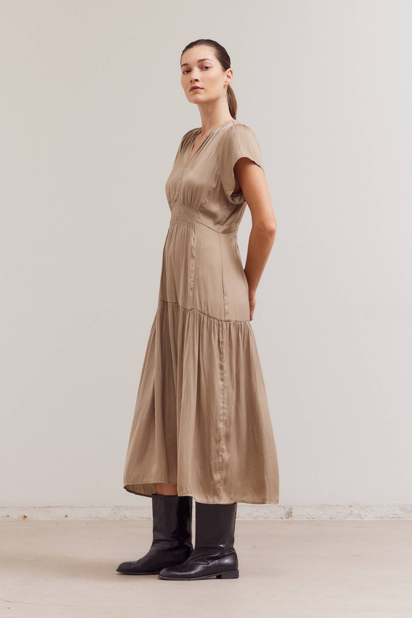 Ruffle Satin Midi Dress in Taupe Silk