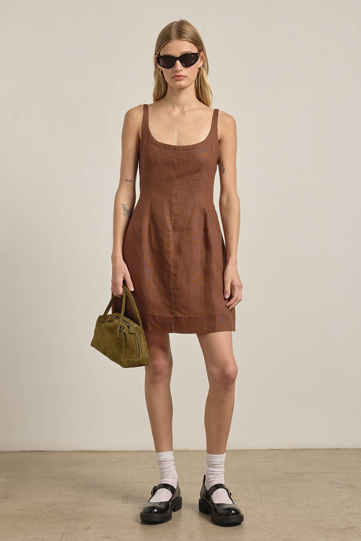 Linen Square Neck Mini Dress - BROWN