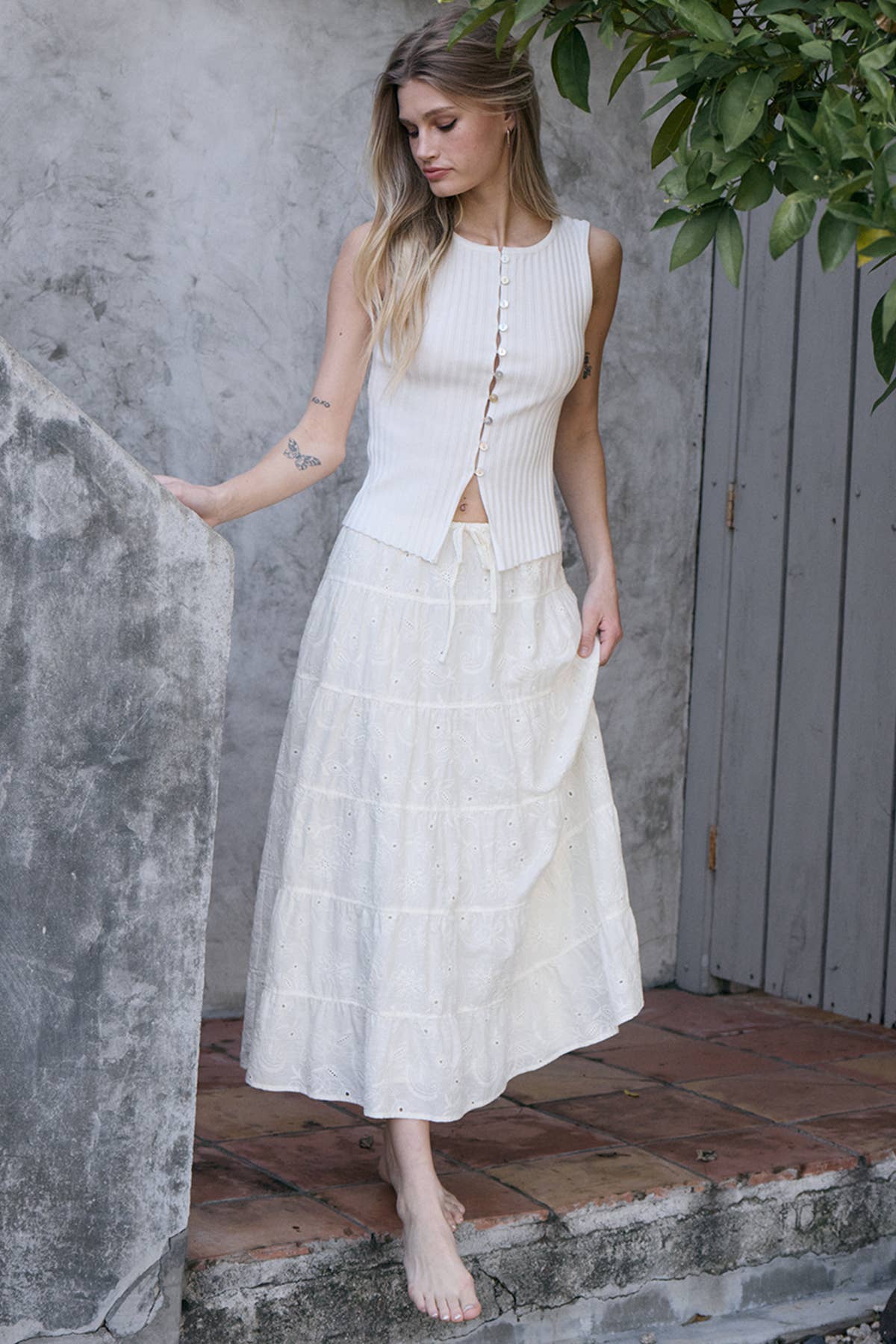 Tiered Eyelet Cotton Maxi Skirt - IVORY