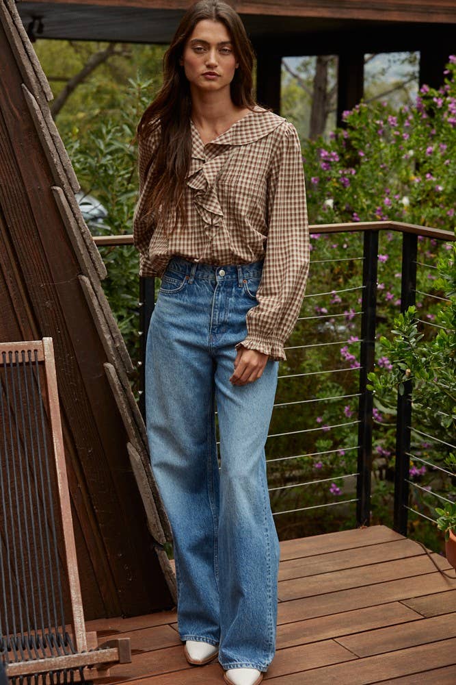 Woven Cotton Gingham Ruffled Blouse in Brown
