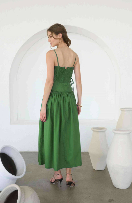 SPAGHETTI SIDE TIE STRAP DETAIL PLEATED MIDI DRESS: MOSS GREEN