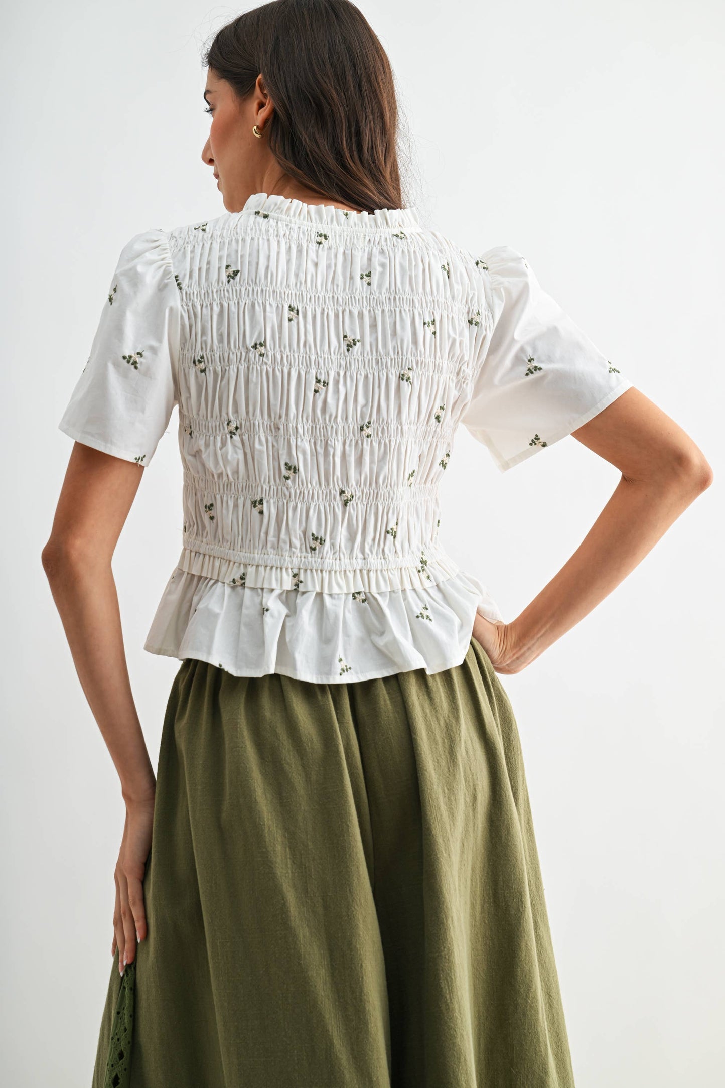 Embroidered Cotton Peplum Blouse with Pleated: IVORY MULTI