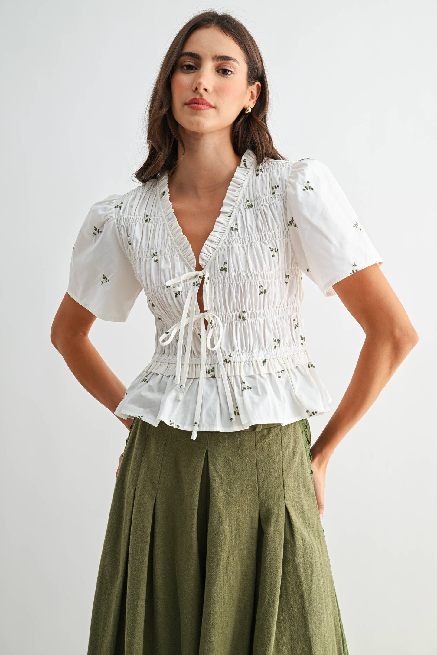 Embroidered Cotton Peplum Blouse with Pleated: IVORY MULTI