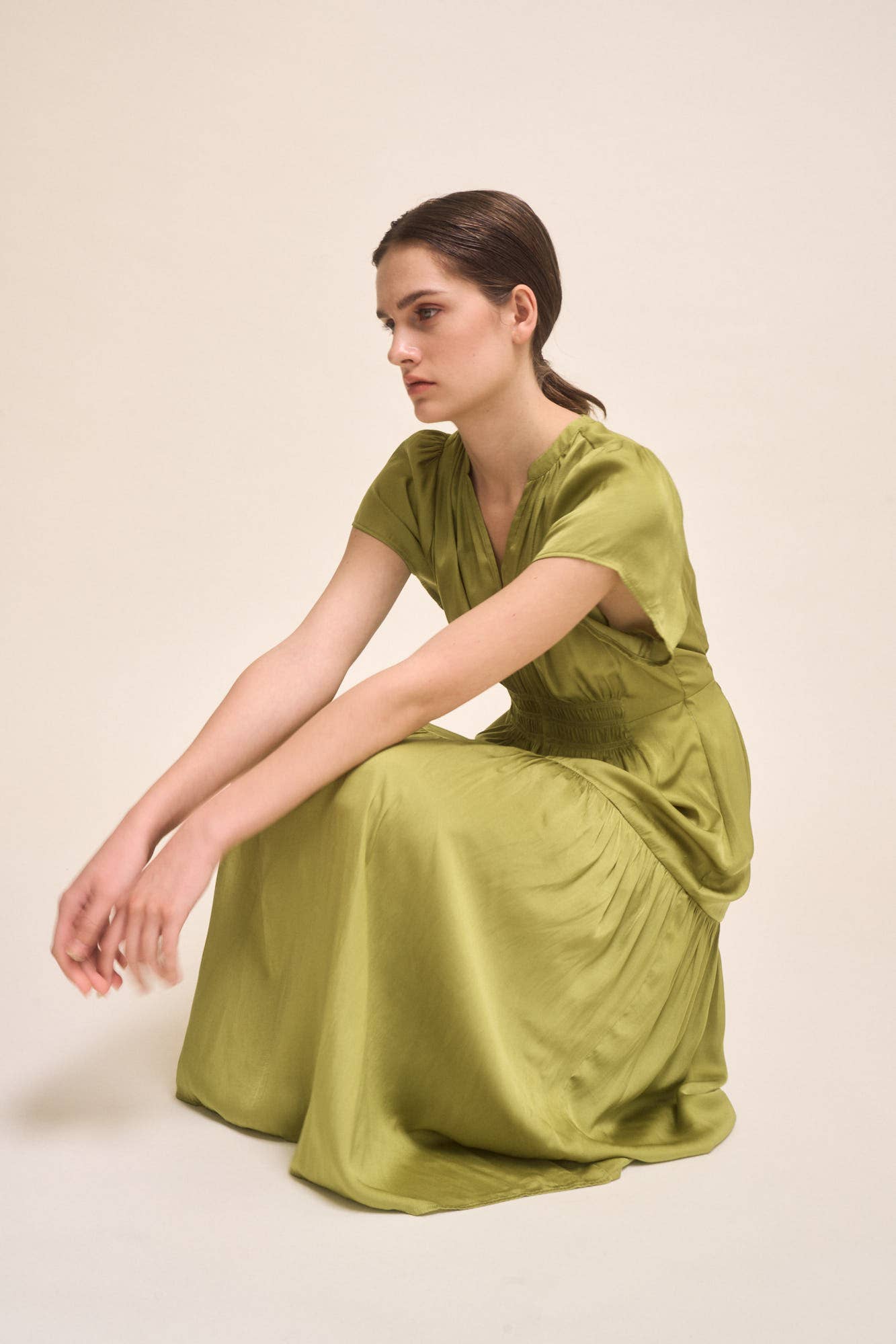RUFFLE SATIN MIDI DRESS: GREEN MOSS SMALL