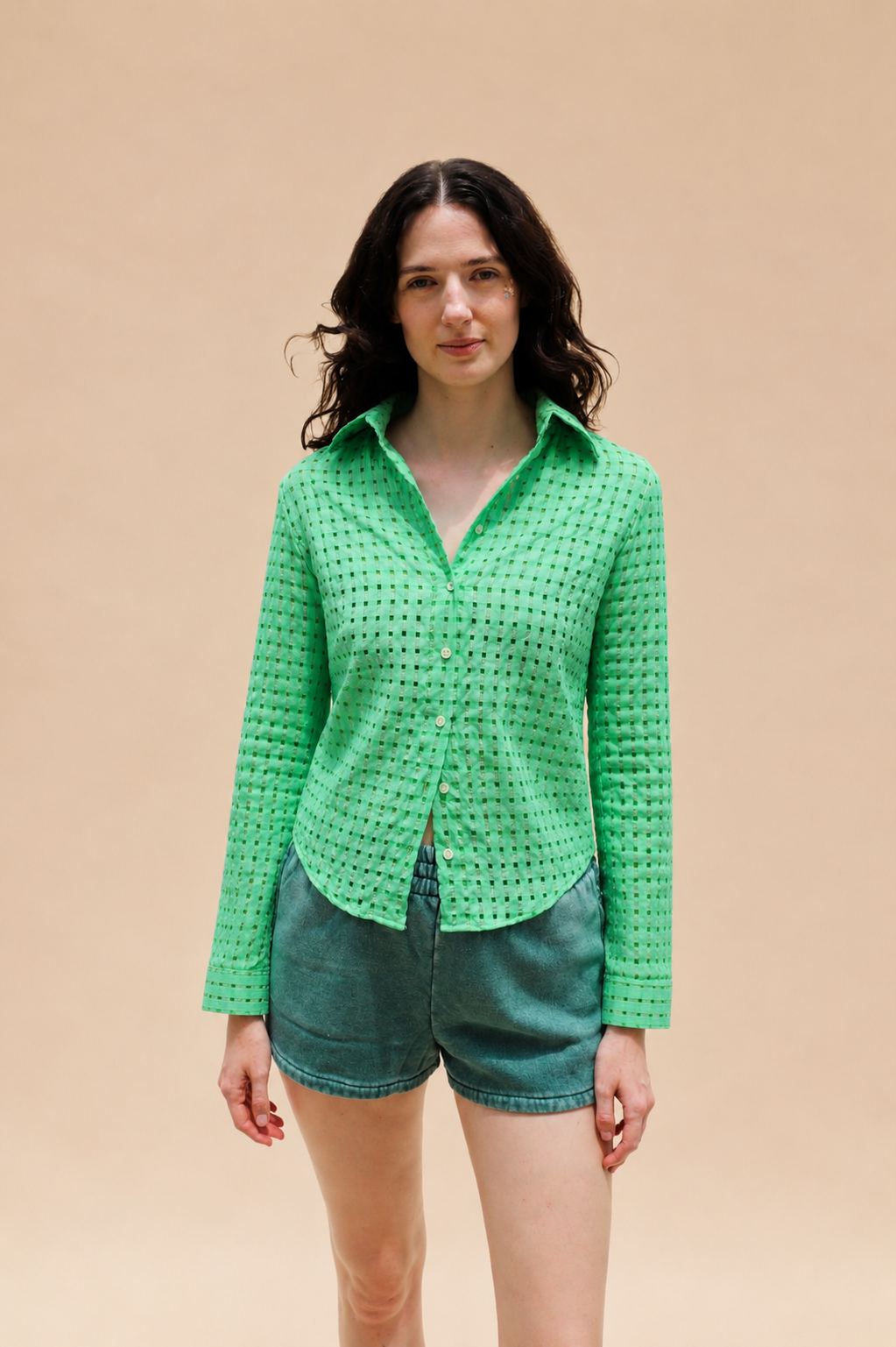 Semi Sheer Acid Green Plaid Sara Button Up Top
