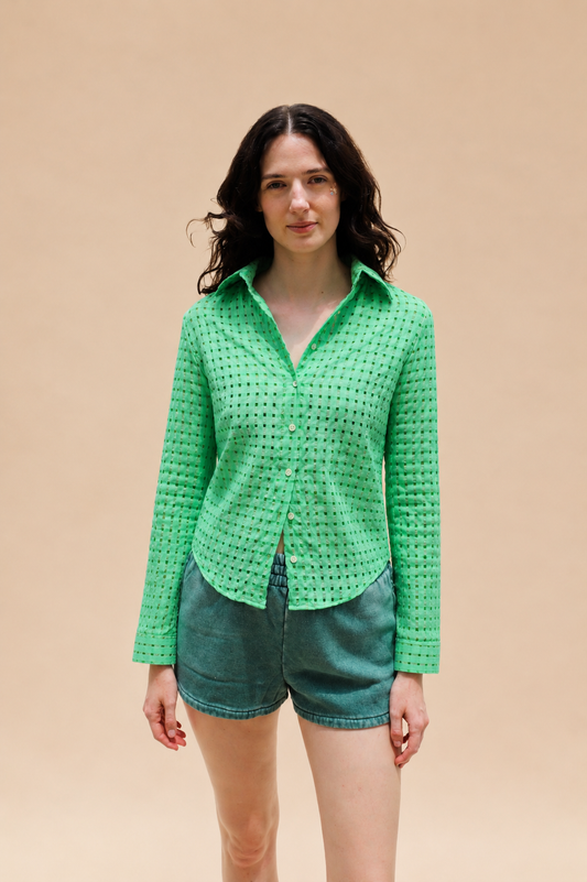 Isabel Wilson Semi Sheer Acid Green Plaid Sara Button Up Top