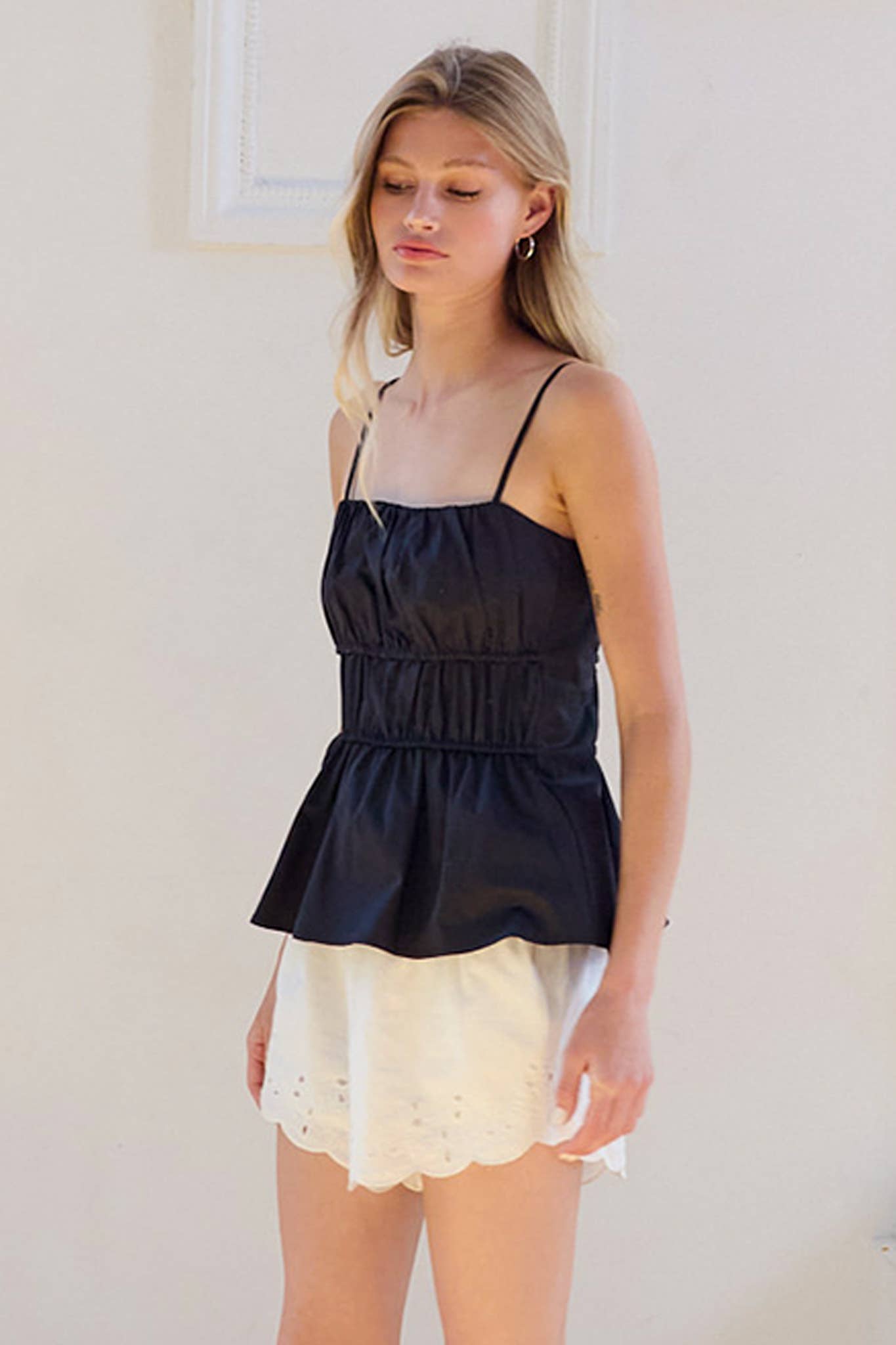 Ruched Peplum Cami Top - BLACK