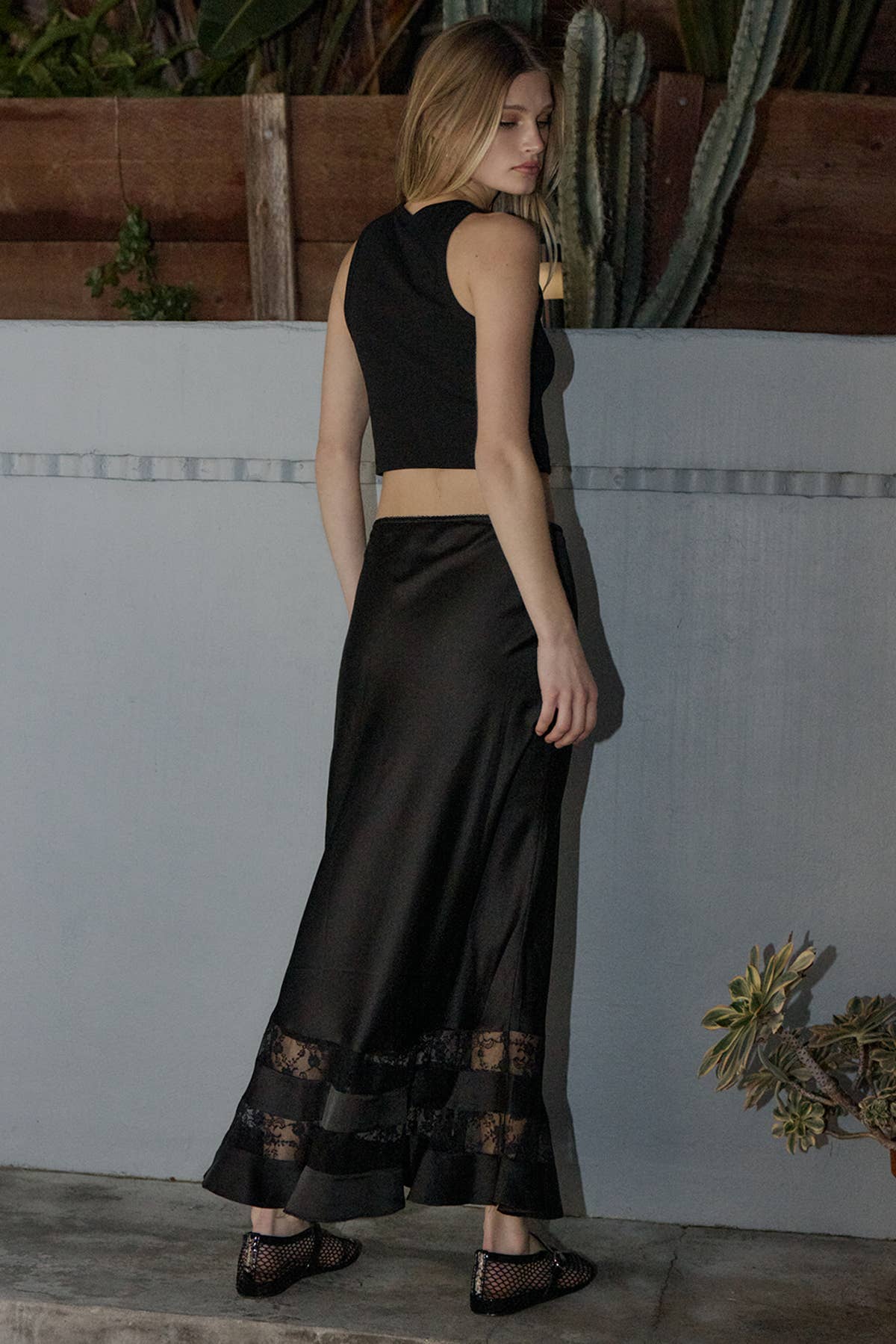 Satin Lace Trim Midi Skirt - BLACK