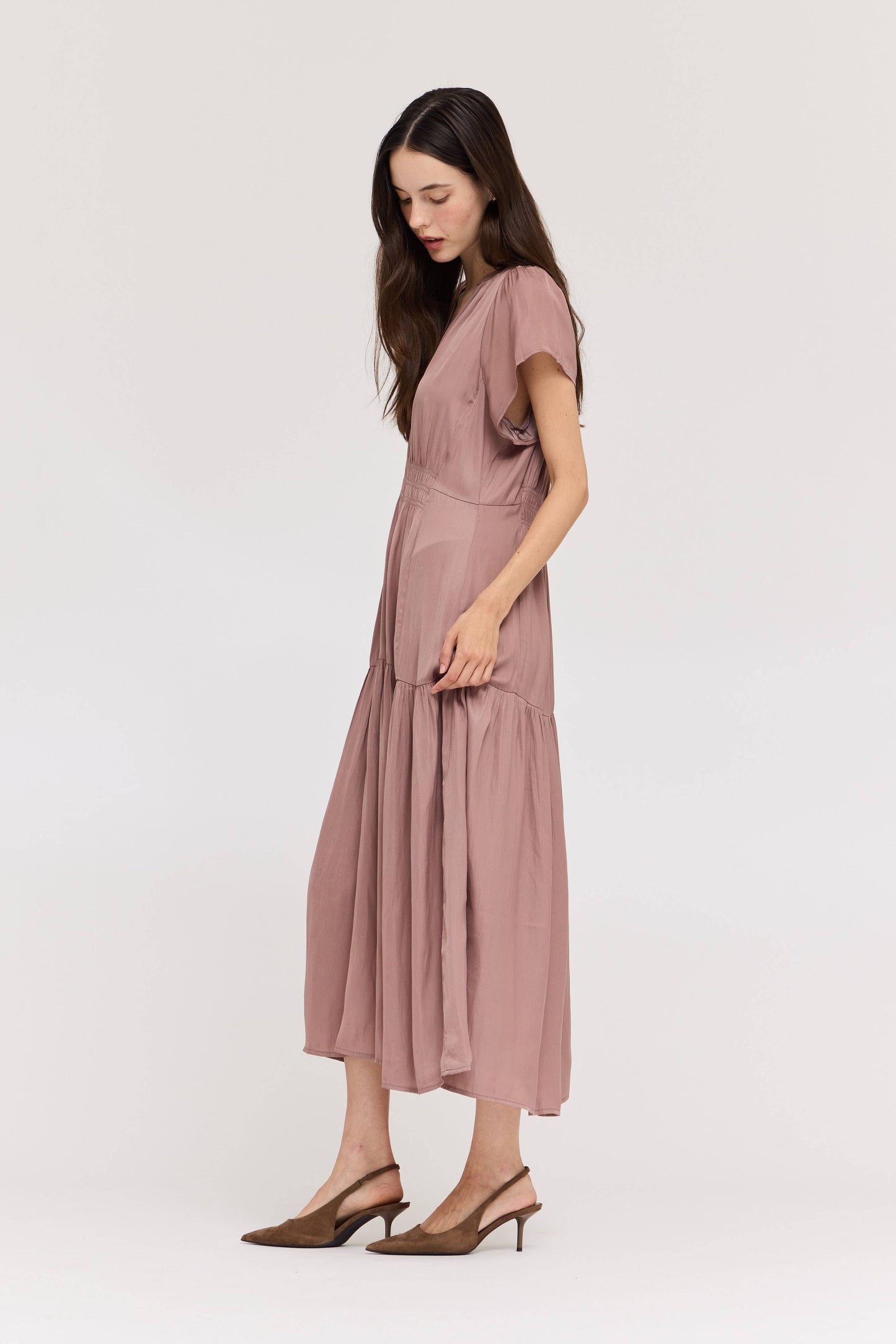RUFFLE SATIN MIDI DRESS: DUSTY LILAC LARGE