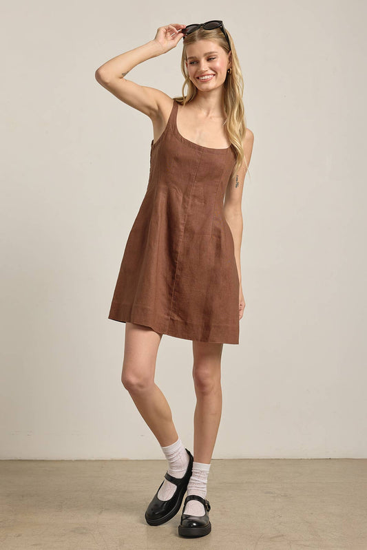 Linen Square Neck Mini Dress - BROWN