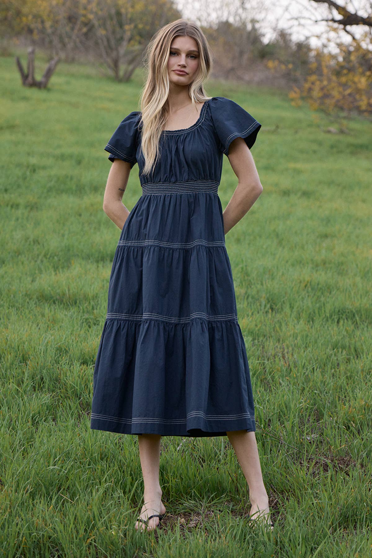 Smocked Waist Tiered Midi Dress - NAVY