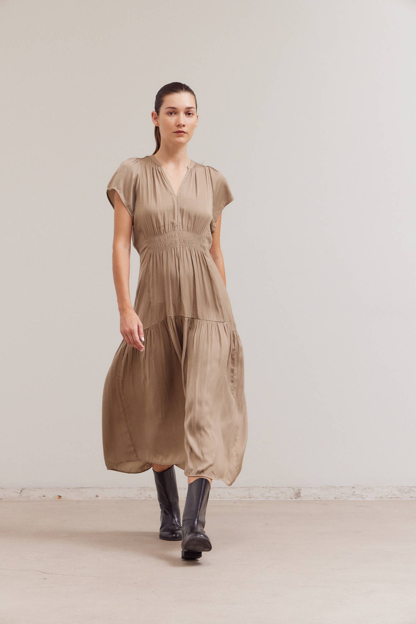 Ruffle Satin Midi Dress in Taupe Silk