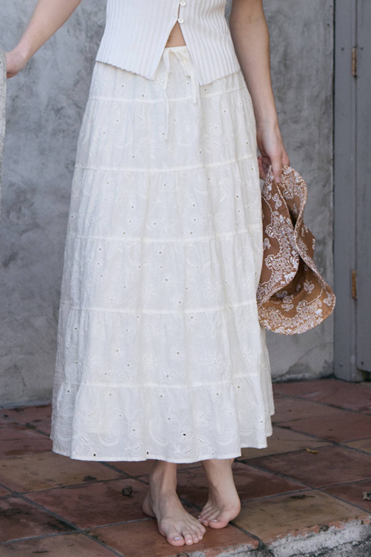 Tiered Eyelet Cotton Maxi Skirt - IVORY