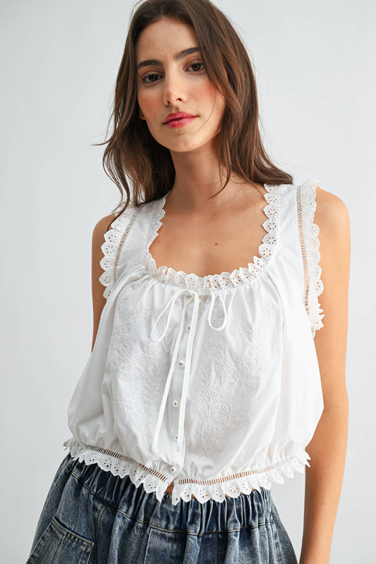 Embroidered Broderie Anglaise Cotton Top: OFF WHITE