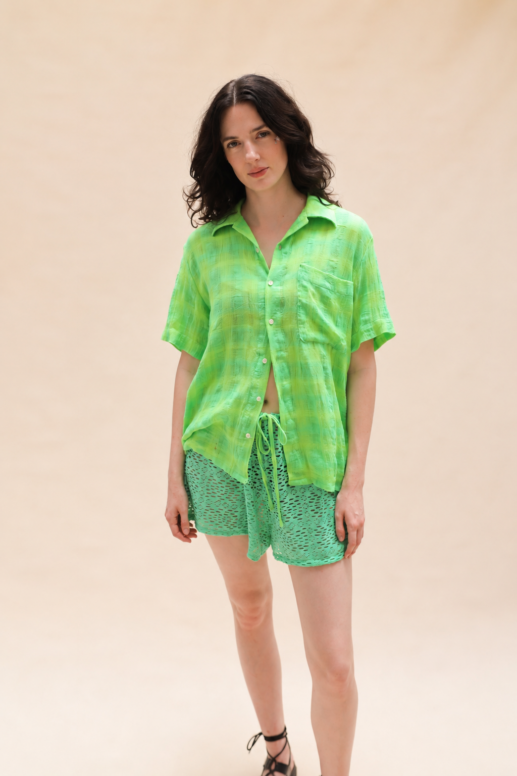 Drawstring Shorts in Lime Eyelet