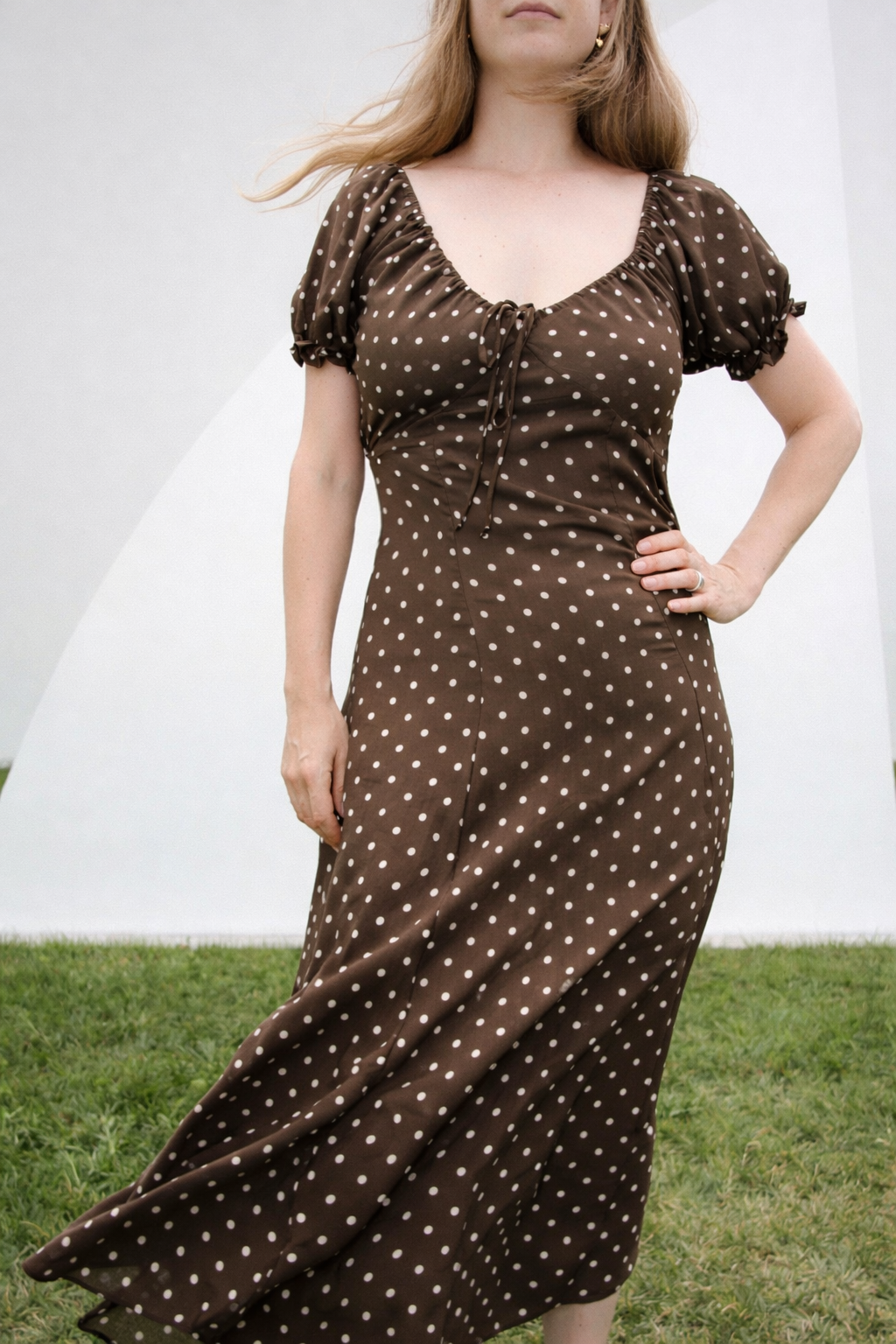 Woven Rayon Polyester Polka Dot Print Long Dress Dark Brown