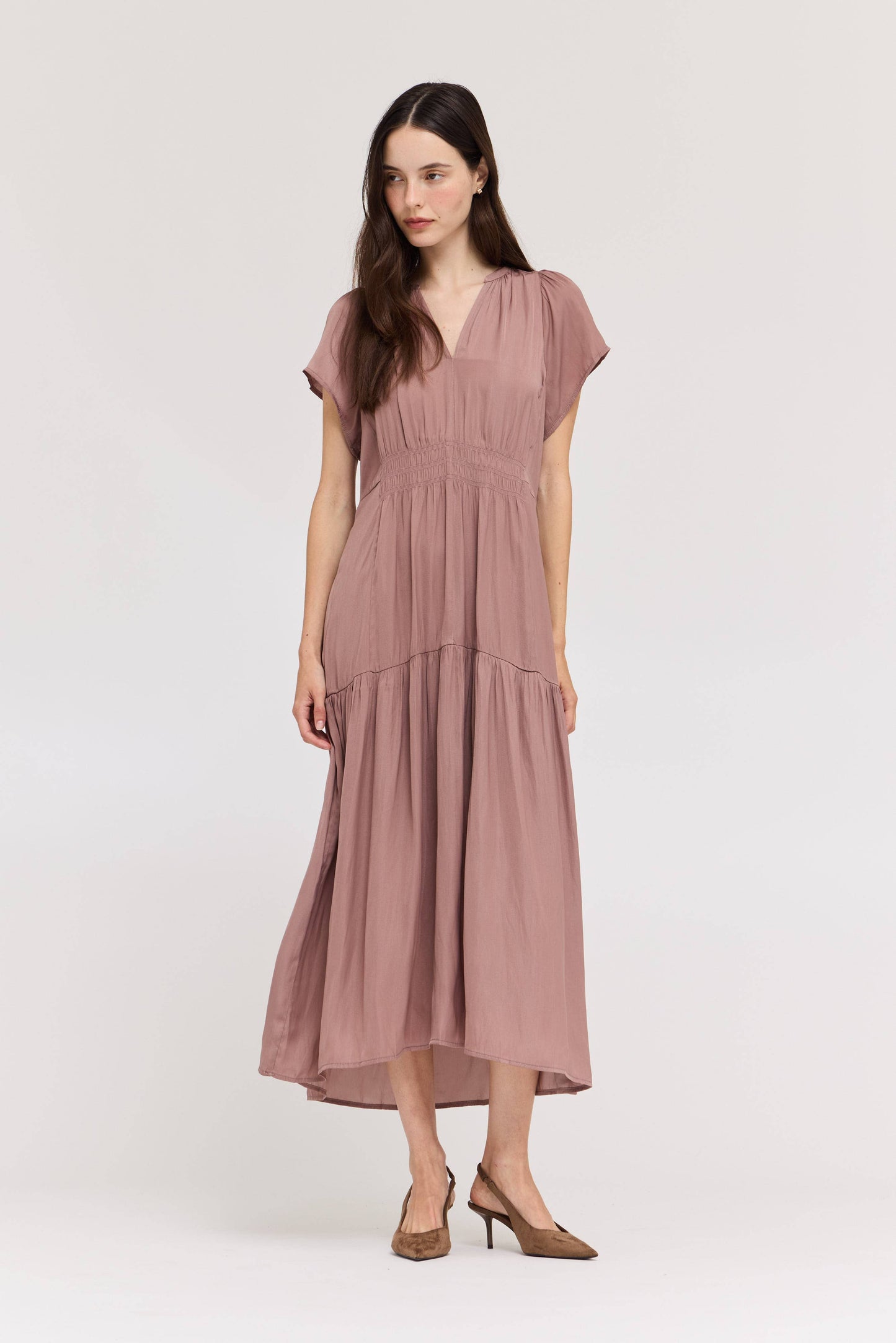 RUFFLE SATIN MIDI DRESS: DUSTY LILAC LARGE