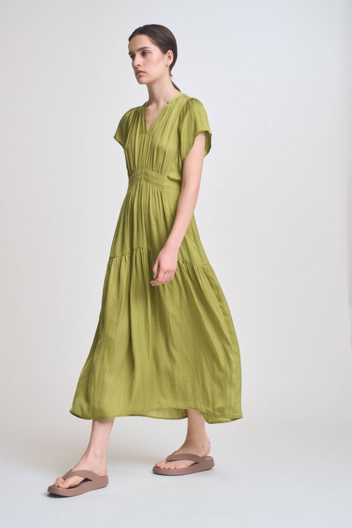 RUFFLE SATIN MIDI DRESS: GREEN MOSS SMALL