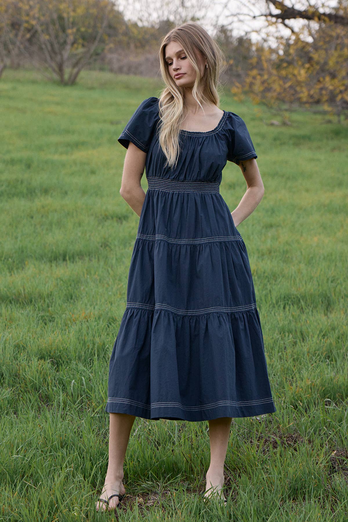 Smocked Waist Tiered Midi Dress - NAVY