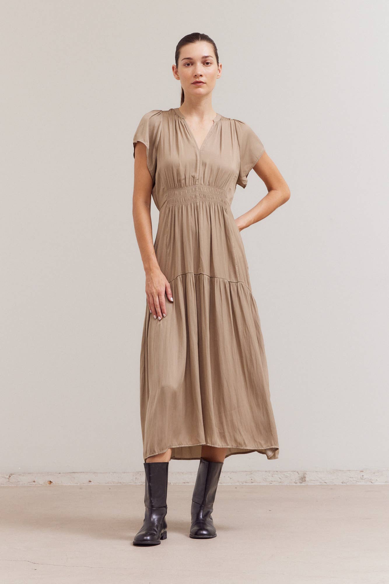 Ruffle Satin Midi Dress in Taupe Silk