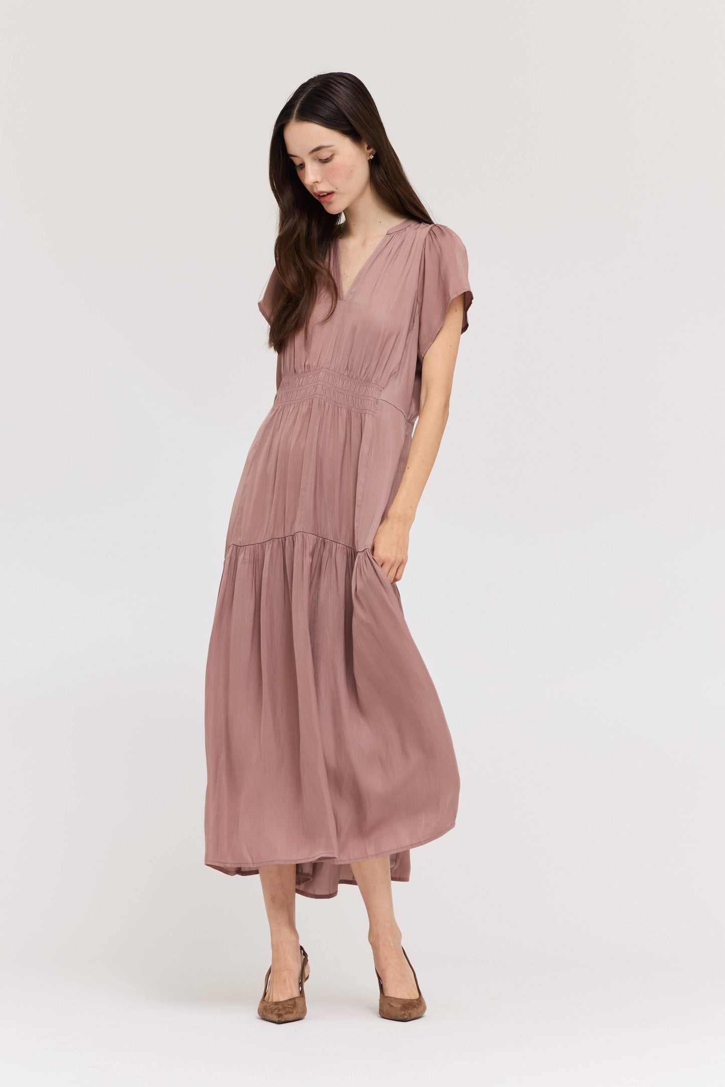 RUFFLE SATIN MIDI DRESS: DUSTY LILAC LARGE