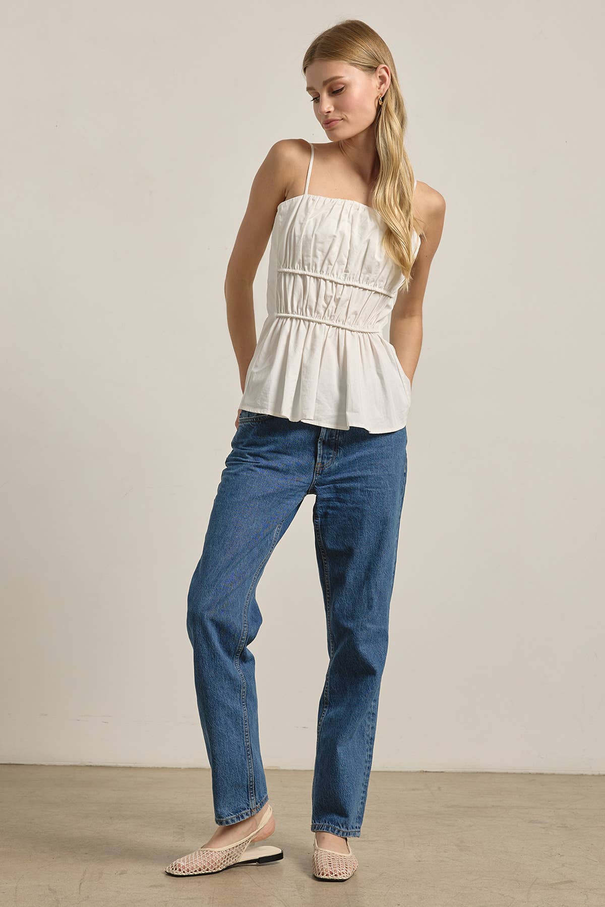 Ruched Peplum Cami Top - WHITE