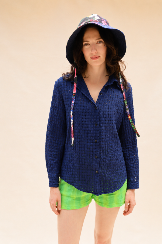 Isabel Wilson Semi Sheer Navy Plaid Sara Button Up Top