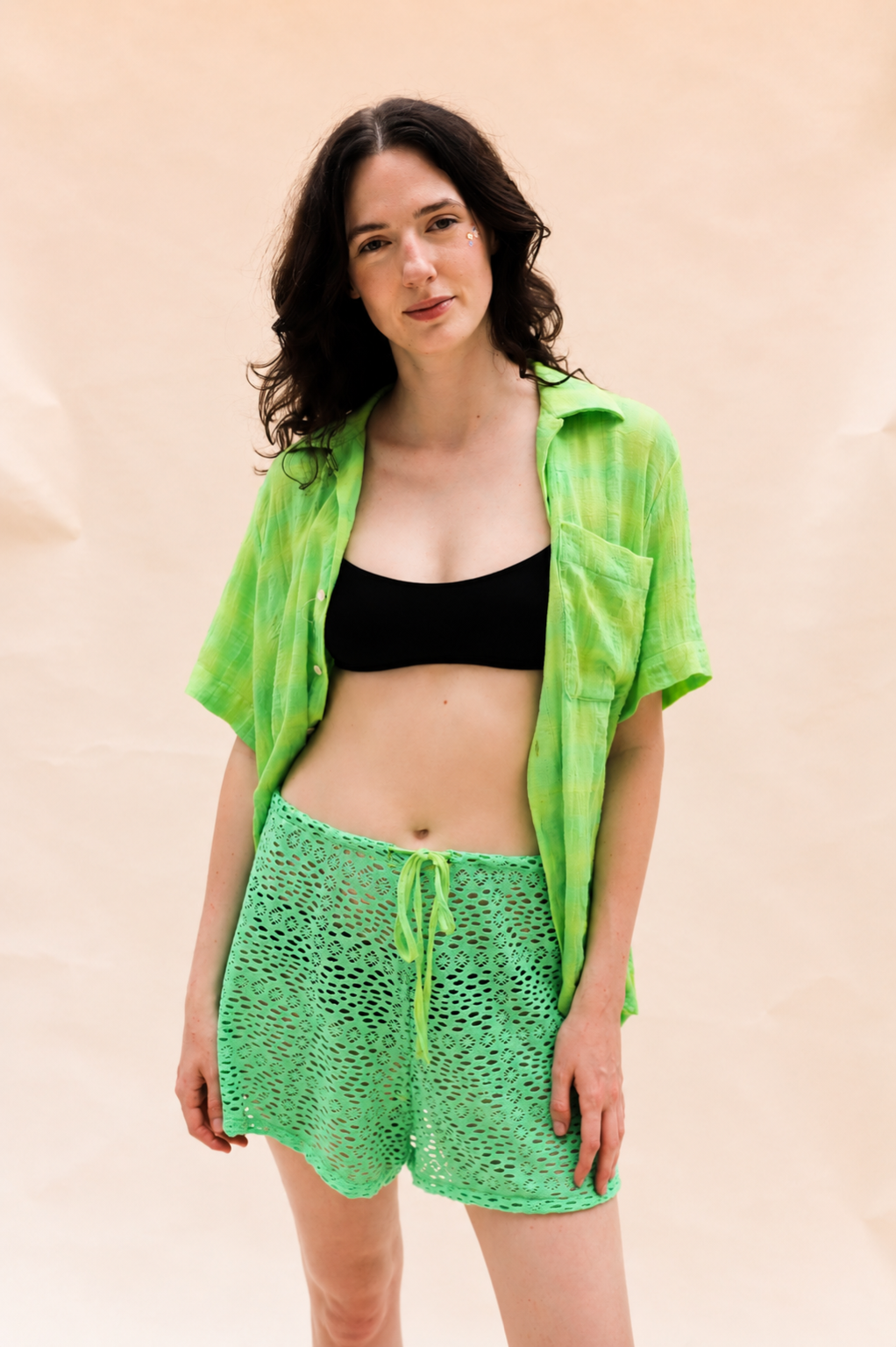 Drawstring Shorts in Lime Eyelet