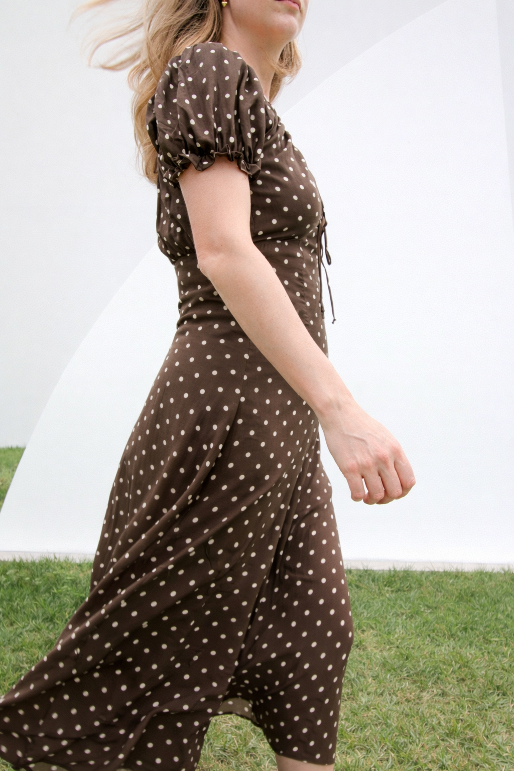 Woven Rayon Polyester Polka Dot Print Long Dress Dark Brown