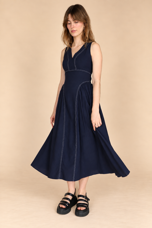 TIE BACK CONTRAST STITCH MIDI DRESS: DARK NAVY