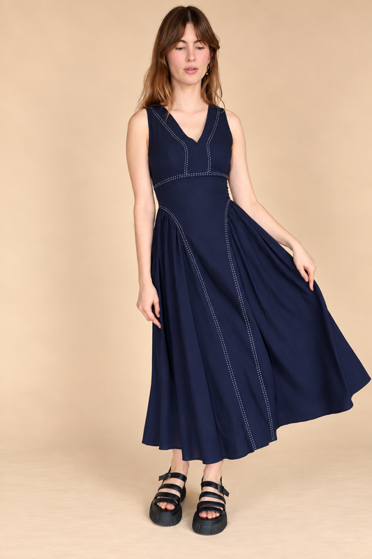 TIE BACK CONTRAST STITCH MIDI DRESS: DARK NAVY
