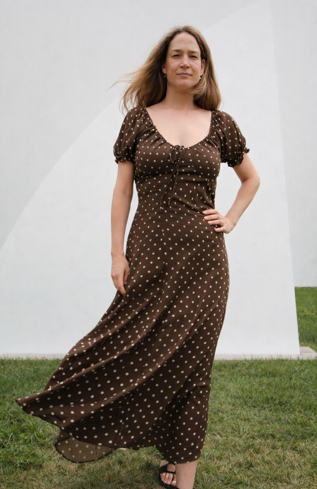 Woven Rayon Polyester Polka Dot Print Long Dress Dark Brown