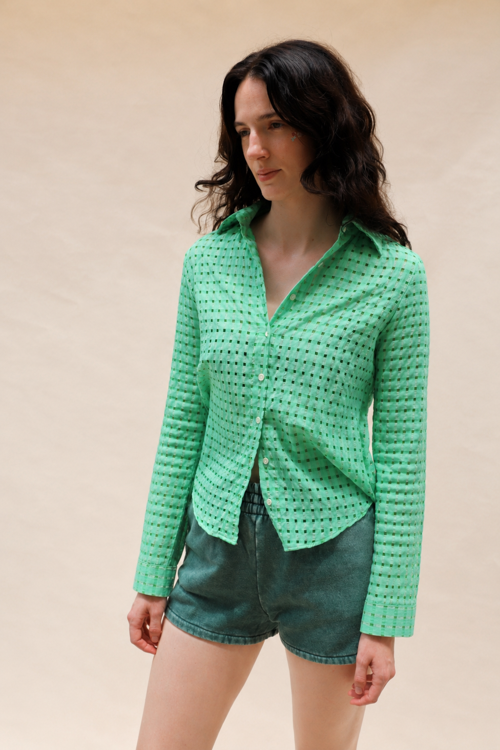 Semi Sheer Acid Green Plaid Sara Button Up Top