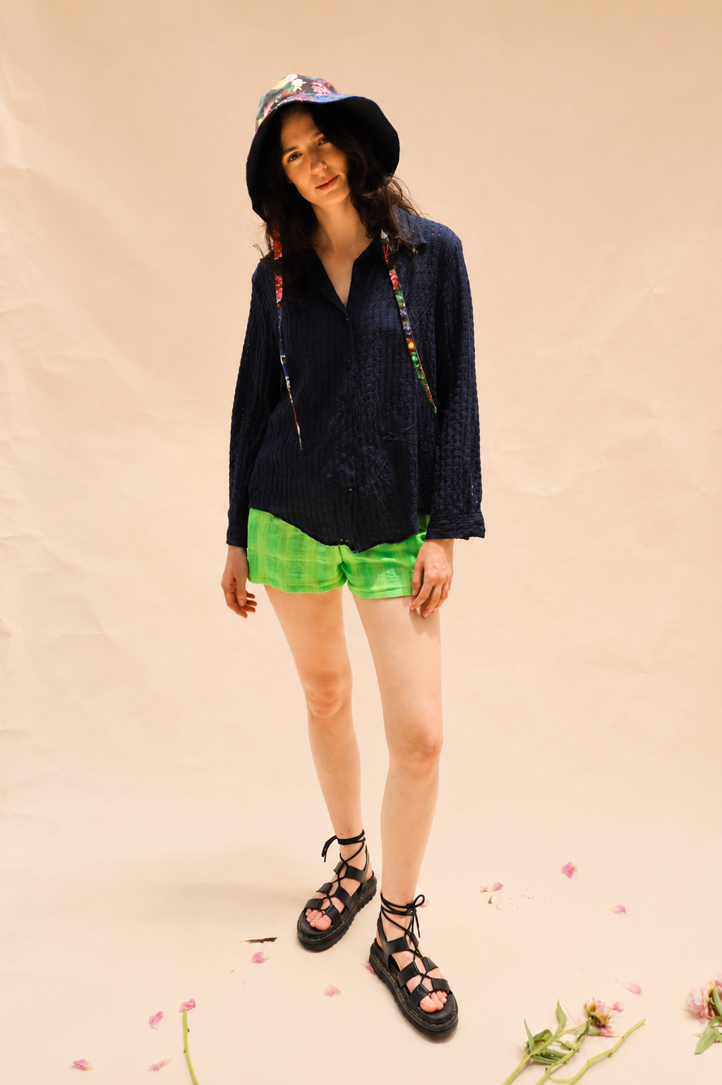 Semi Sheer Navy Plaid Sara Button Up Top