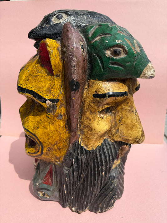 Vintage Four-Faced Carved Wooden Helmet Mask (#19)