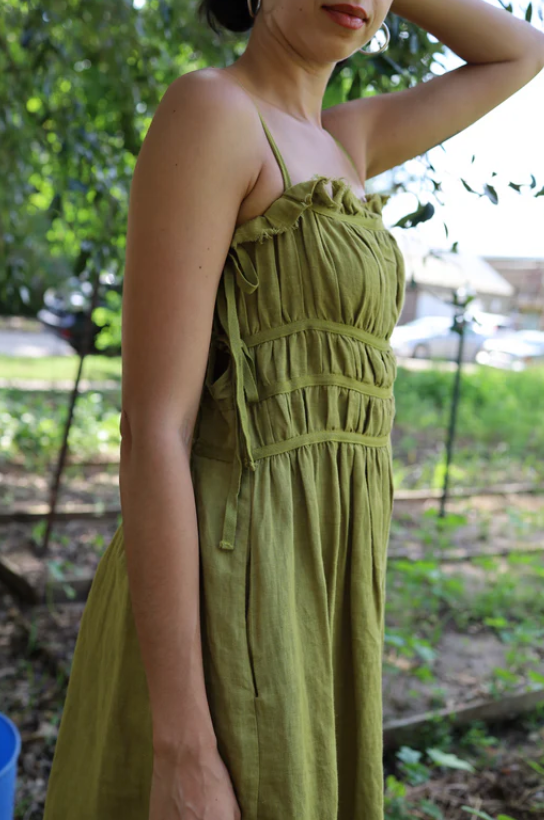 Isabel Wilson Sophie dress in olive linen