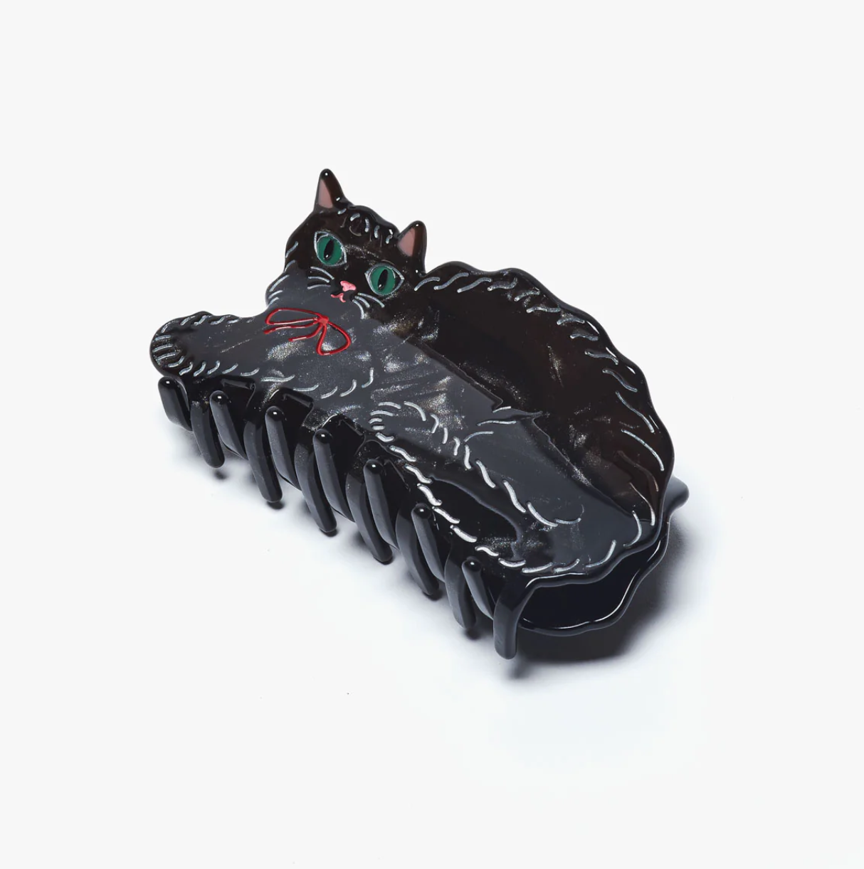 Winona Irene Hair Claw - "Black Shimmering Cute Kitty Cat With Red Bow"