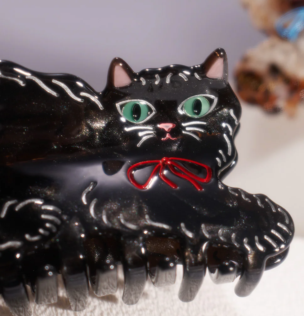Winona Irene Hair Claw - "Black Shimmering Cute Kitty Cat With Red Bow"